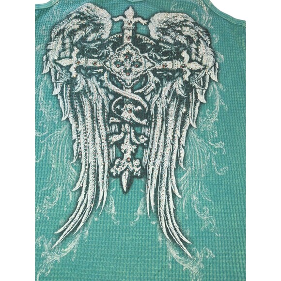 VOCAL western tank top SEXY Teal XL Wings Cross ribbed Embellished Moto Y2K - Picture 5 of 6